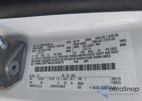 2019 Ford Escape S from USA, damaged, VIN 1FMCU0F74KUC02675